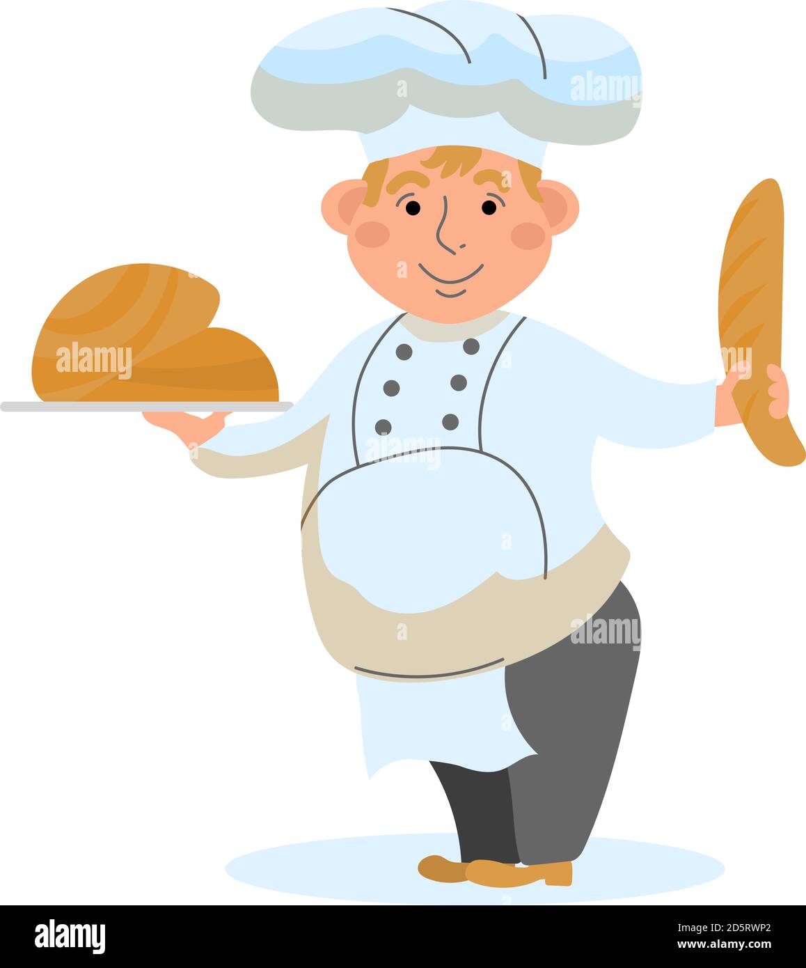 Baker with baked goods. Vector illustration in the style of cartoon happy baker. Man character