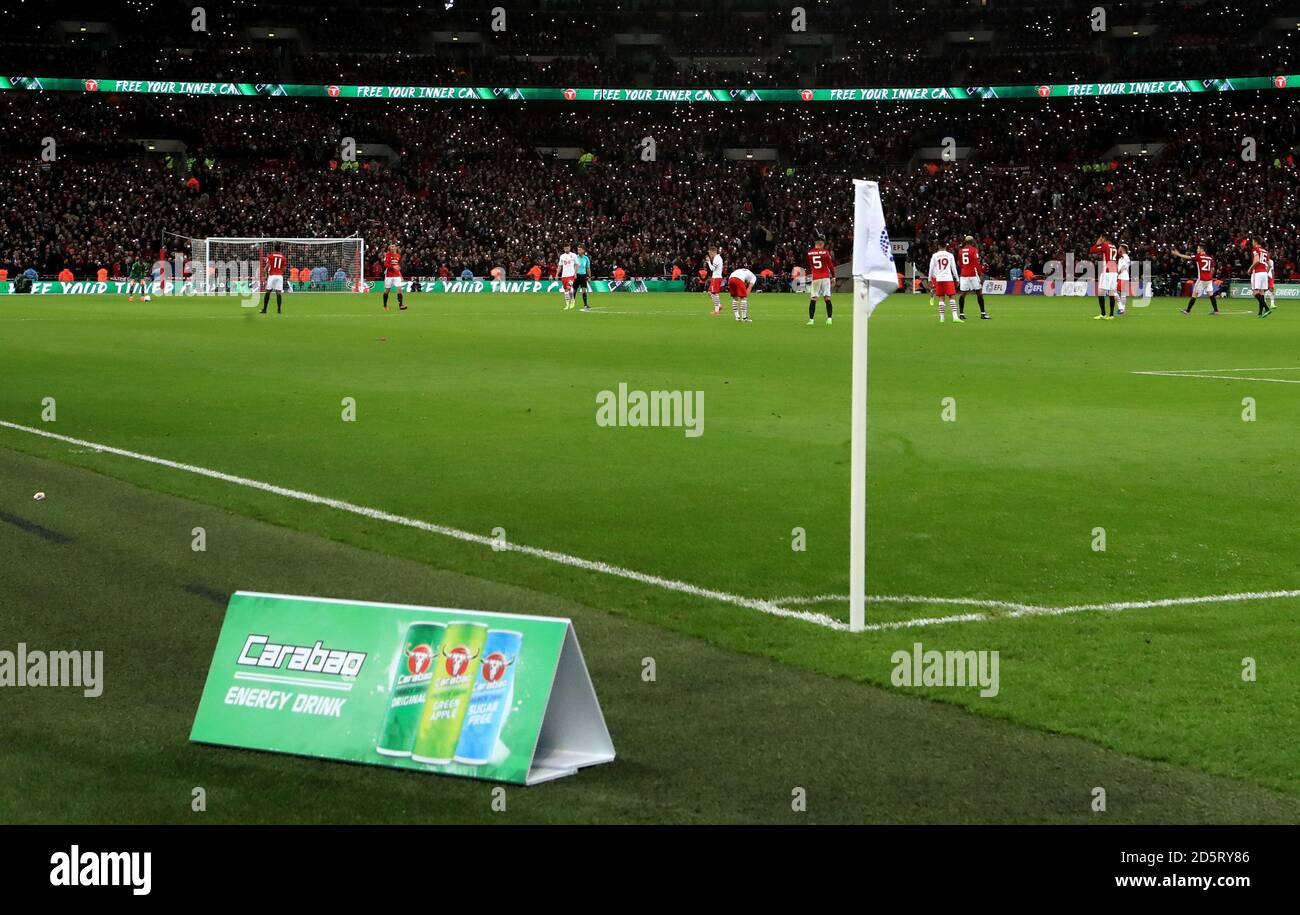 A general view of a Carabao toblerone advertising board by the corner of the pitch during the game  Stock Photo