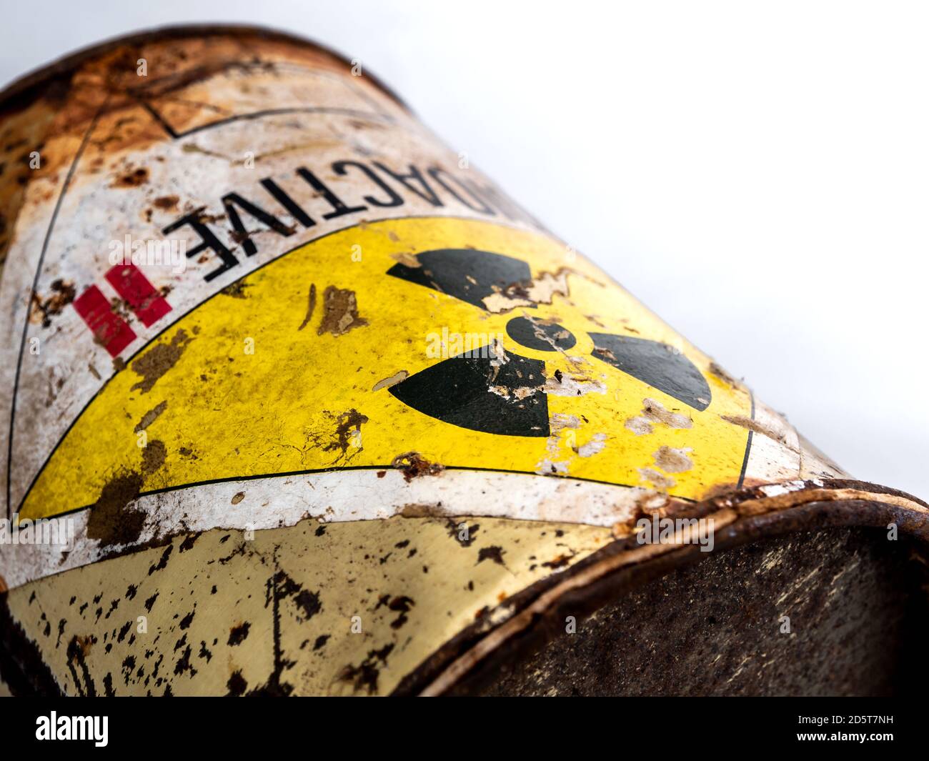 Radiation warning sign on transport index label stick on the rust and