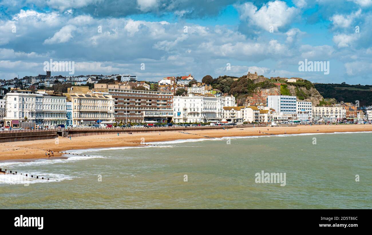 Hastings Castle and seafront, England. The seafront to the East Sussex