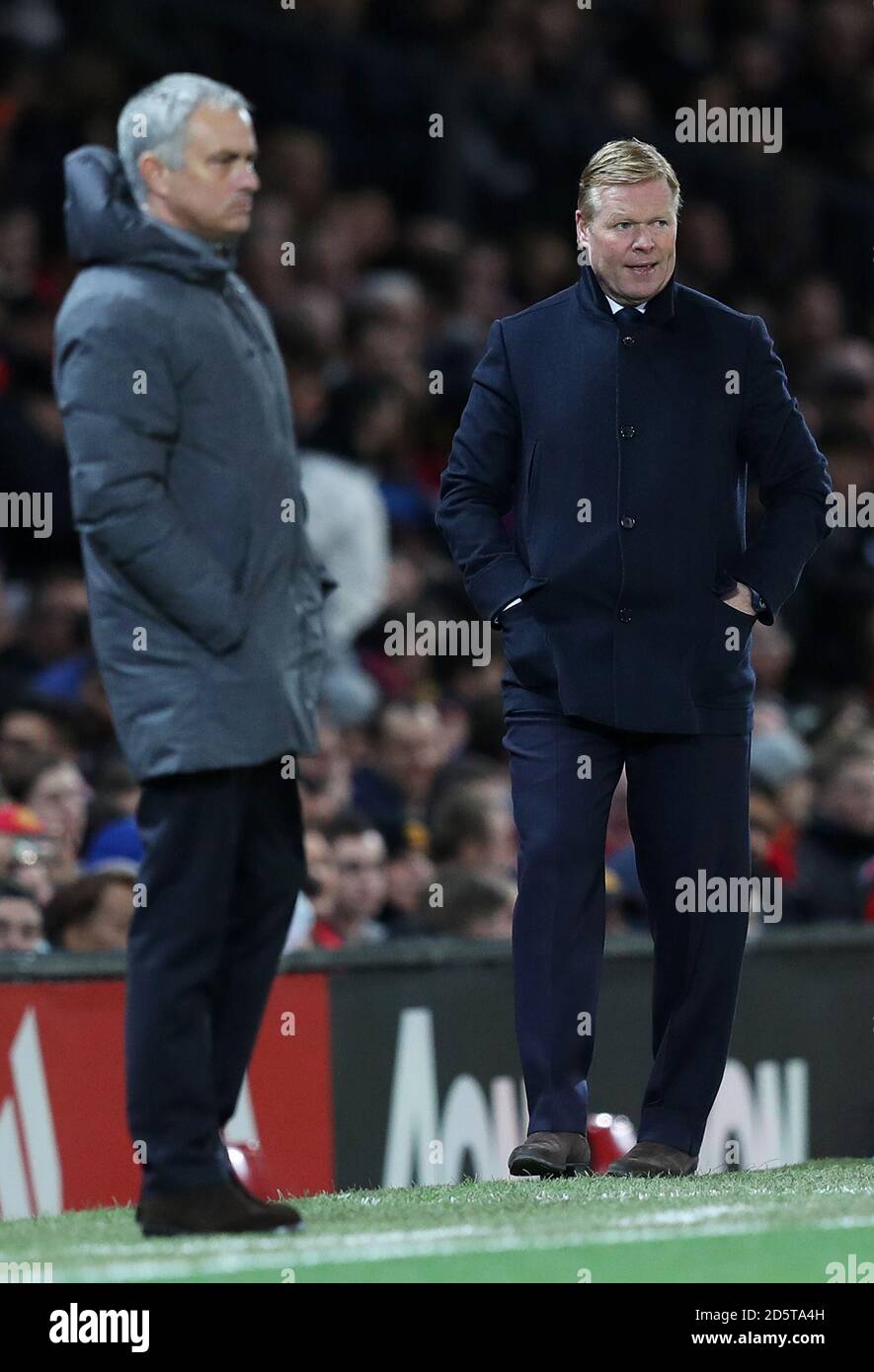 Everton Manager Ronald Koeman Right Alongside Manchester United Manager Jose Mourinho On The Touchline Stock Photo Alamy