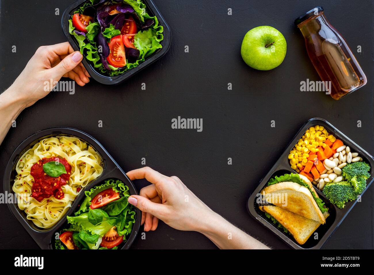 Restaurant food delivery, lunch boxes for daily nutrition, top view