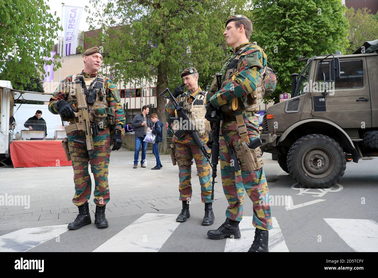 Soilders outside Constant Vanden Stock Stadium ahead of the game Stock Photo