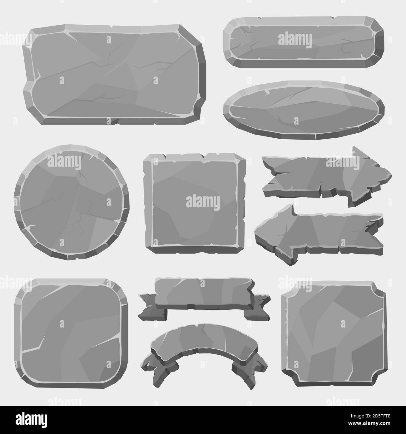 Stone game boards. Granite rocks buttons, grey stone banner, arrows and panels, stone ui elements for game design vector illustration symbols set Stock Vector