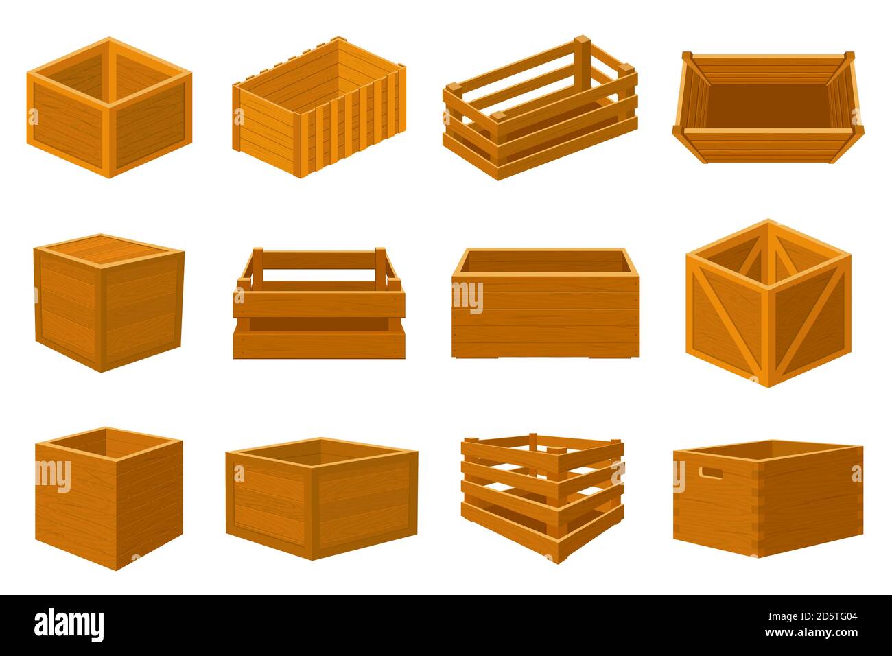 Wooden boxes. Delivery containers, empty wood boxes and parcels, packed shipping crates isolated vector illustration set Stock Vector