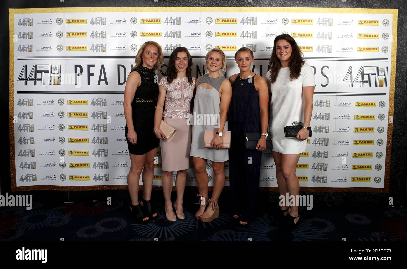 Izzy Christiansen (centre), Jennifer Beattie (right), Keira Walsh (left), Georgia Stanway (second from right) and Jane Ross during the Professional Footballers' Association Awards 2017 at the Grosvenor House Hotel, London Stock Photo