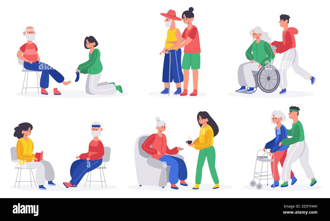 Elderly people caring. Volunteers, social workers or relatives helps elderly people, nurse caring seniors people isolated vector illustration set Stock Vector
