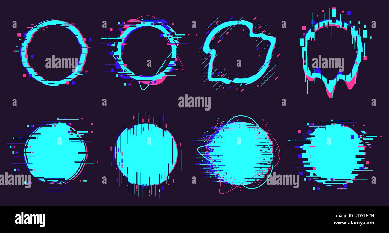 Glitch round frames. Circle distortion noise defect elements, pixel defect destroyed geometric shapes isolated vector illustration set Stock Vector