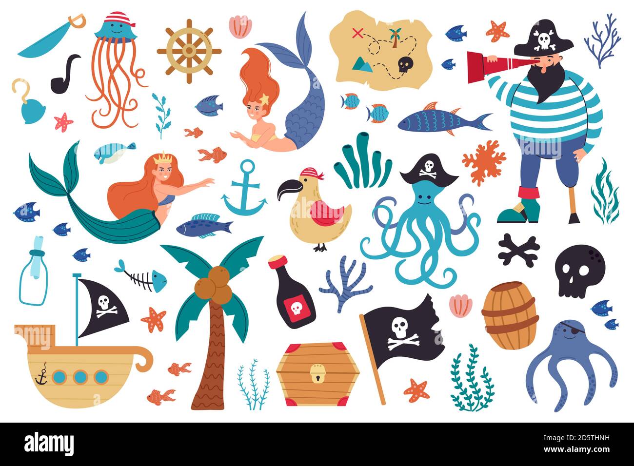 Pirates and mermaids. Sea underwater creatures and marine symbols, sail ship, jolly roger, treasure map and cute mermaids vector illustration set Stock Vector