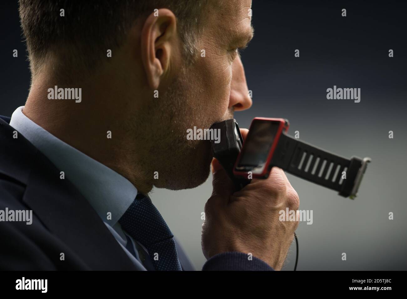 Referee Mark Clattenburg checks Hawk Eye Goal assist system ahead of his last Premier League match between West Bromwich Albion and  Leicester City Stock Photo