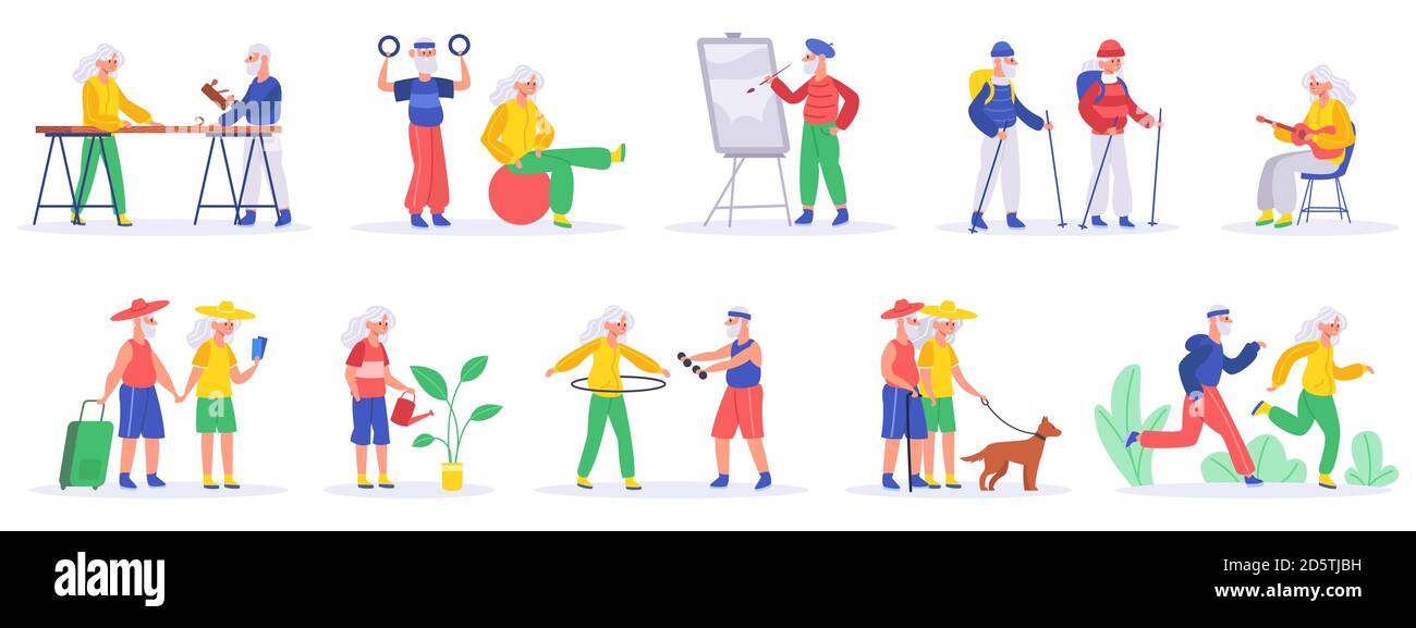 Elderly people hobby. Senior people retirement exercising and engage in