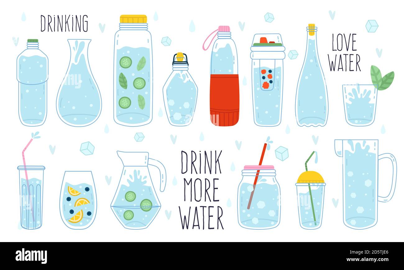 Cute water doodle. Bottle, glass, thermos and decanter of water, water drop, ice cubes and splash, hand drawn trendy vector illustration icon set Stock Vector