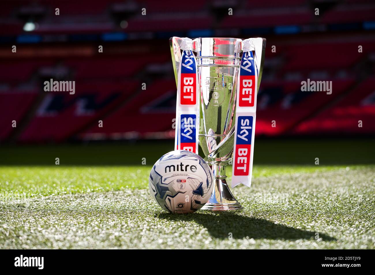 The EFL Sky Bet championship play off final trophy and ball displayed