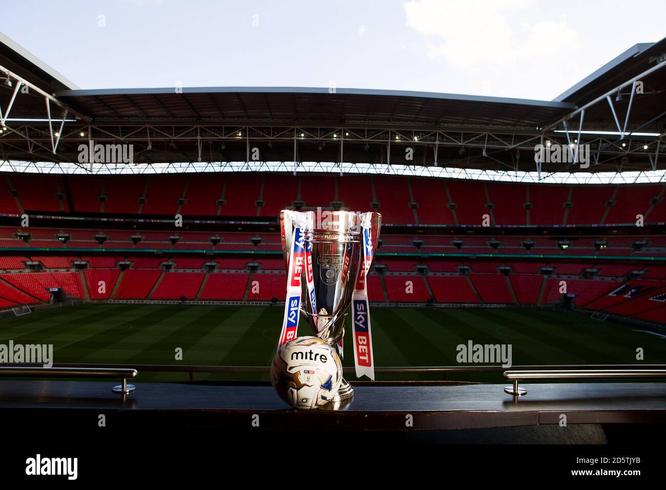 The EFL Sky Bet championship play off final trophy is displayed at Wembley Stadium Stock Photo