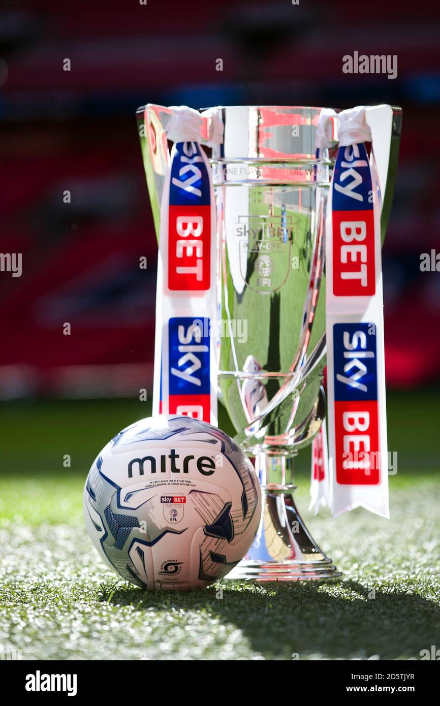 The EFL Sky Bet championship play off final trophy and ball displayed