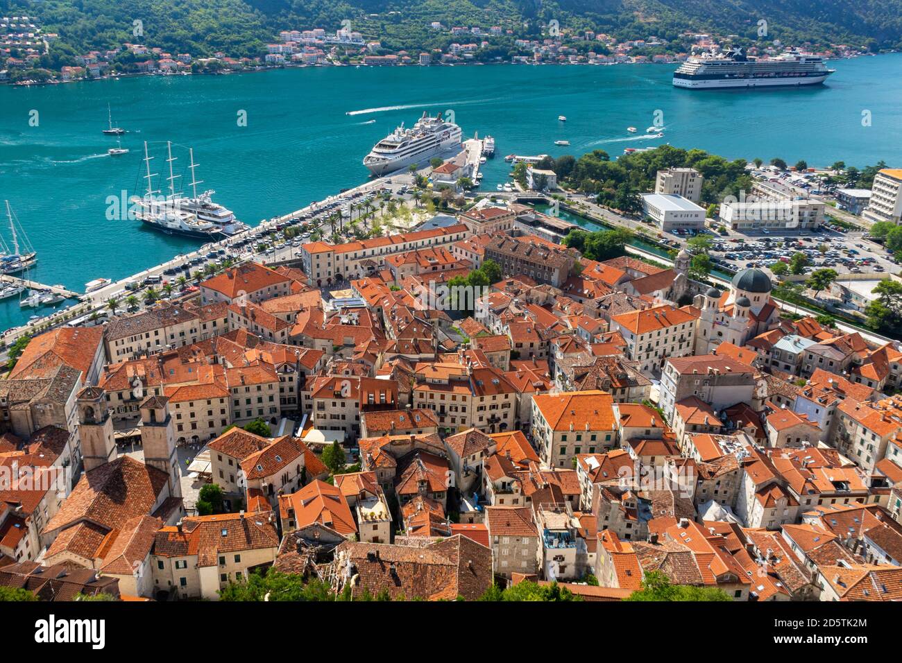 Looking down on the walled old town of Kotor, Montenegro Stock Photo