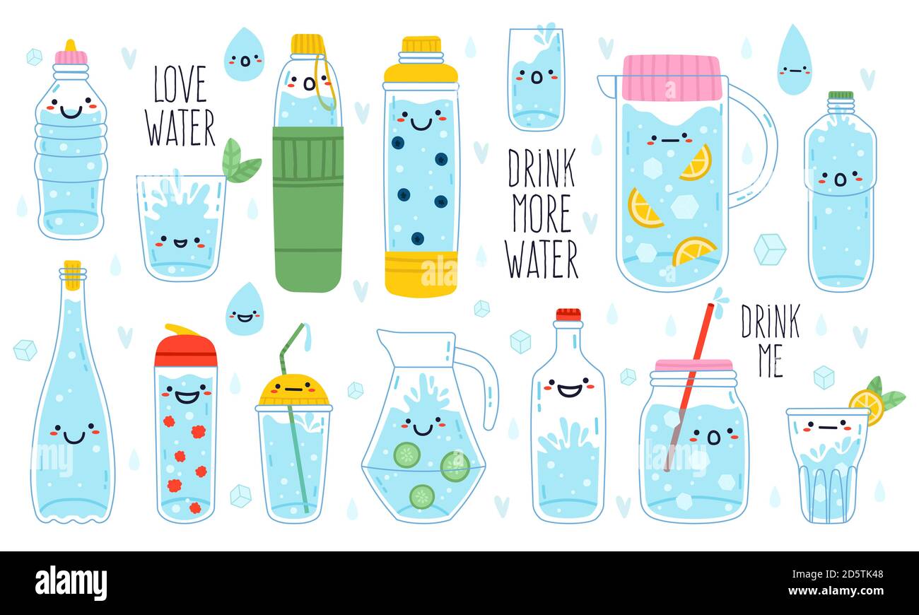 Doodle drink more water. Cute funny hand drawn water mascots in mug, glass and bottle, healthy rituals drink more water vector illustration set Stock Vector