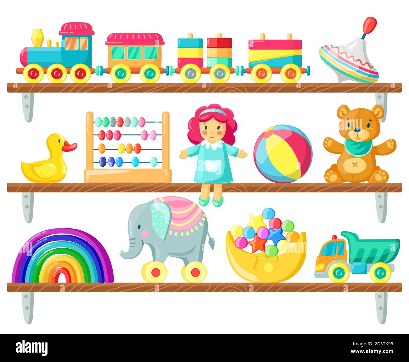Kids toys on shelves. Baby toys on wooden shelf, ball, plush bear and
