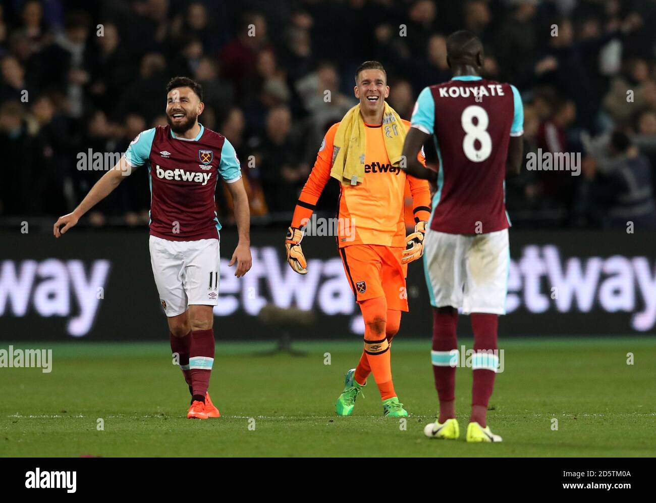 West Ham United S Left Right Robert Snodgrass Adrian And Cheikhou Kouyate Celebrate After The Game Stock Photo Alamy