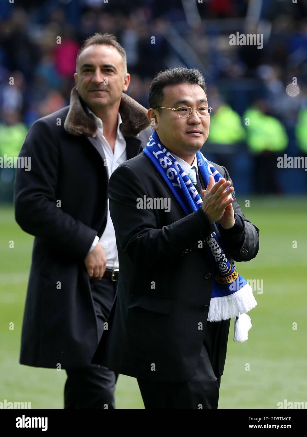 Sheffield Wednesday manager Carlos Carvalhal (left) and owner Dejphon Chansiri walk the pitch after the final whistle Stock Photo
