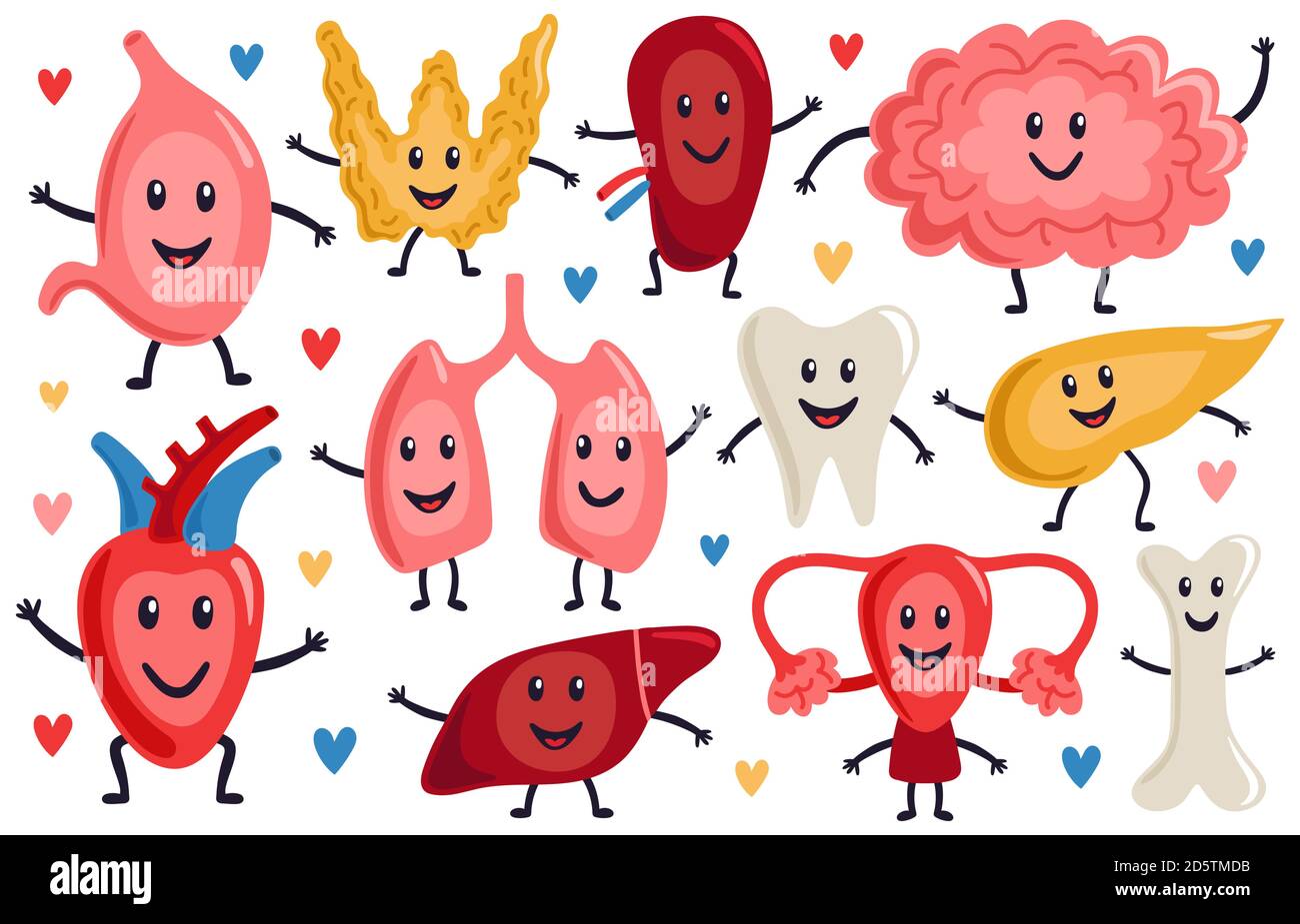 Cute internal organs. Healthy funny heart, stomach, lungs and brain, medicine human organs characters, biological organ vector illustration set Stock Vector