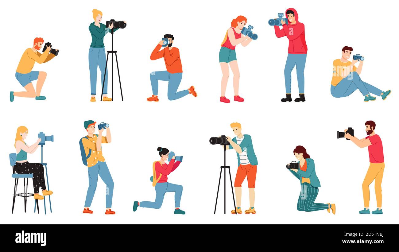 Photographer characters. Paparazzi, cameraman creative people take photo shot, reporters and journalists characters vector illustration set Stock Vector