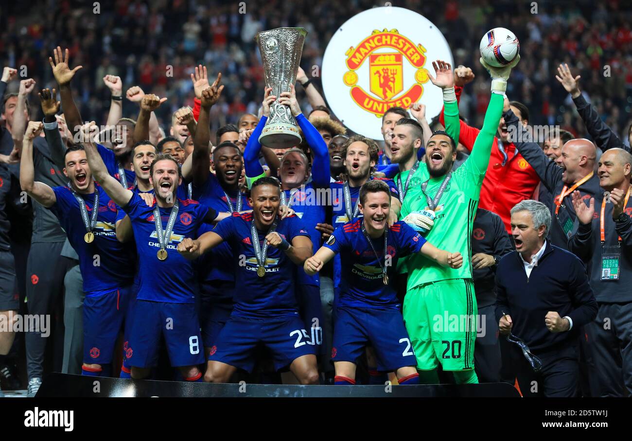 The Manchester United team lift the trophy after winning the UEFA Europa League Final in