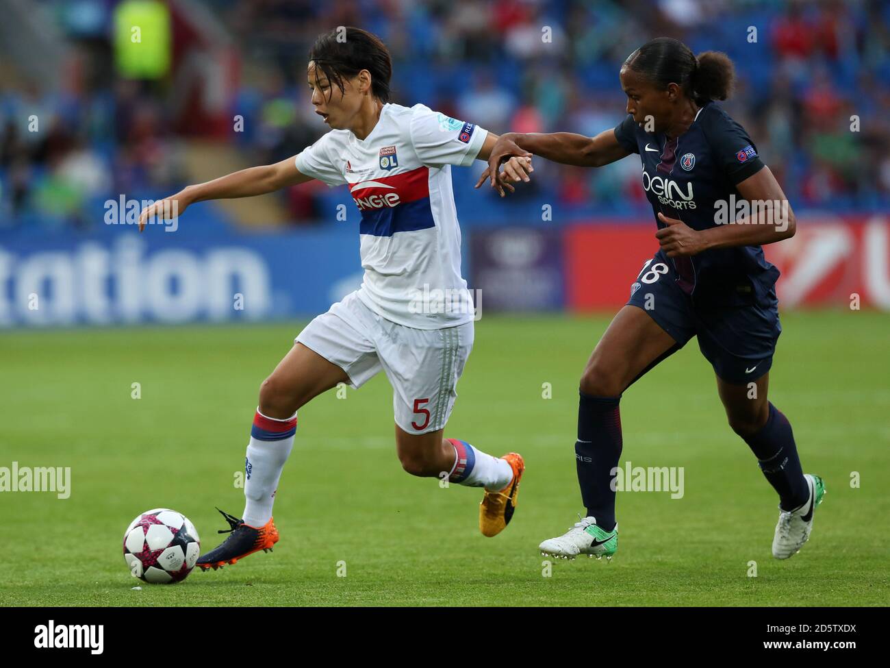 Lyon's Saki Kumagai (left) and Paris SaintGermain's MarieLaure Delie