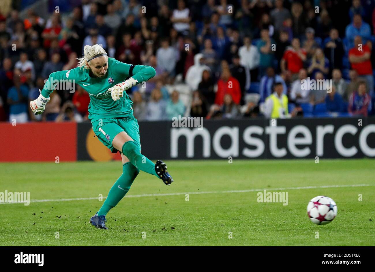Paris Saint-Germain goalkeeper Katarzyna Kiedrzynek shoots and misses her penalty in the shoot-out following the UEFA Women's Champions League Final held at the Cardiff City Stadium, 1st June 2017 Stock Photo