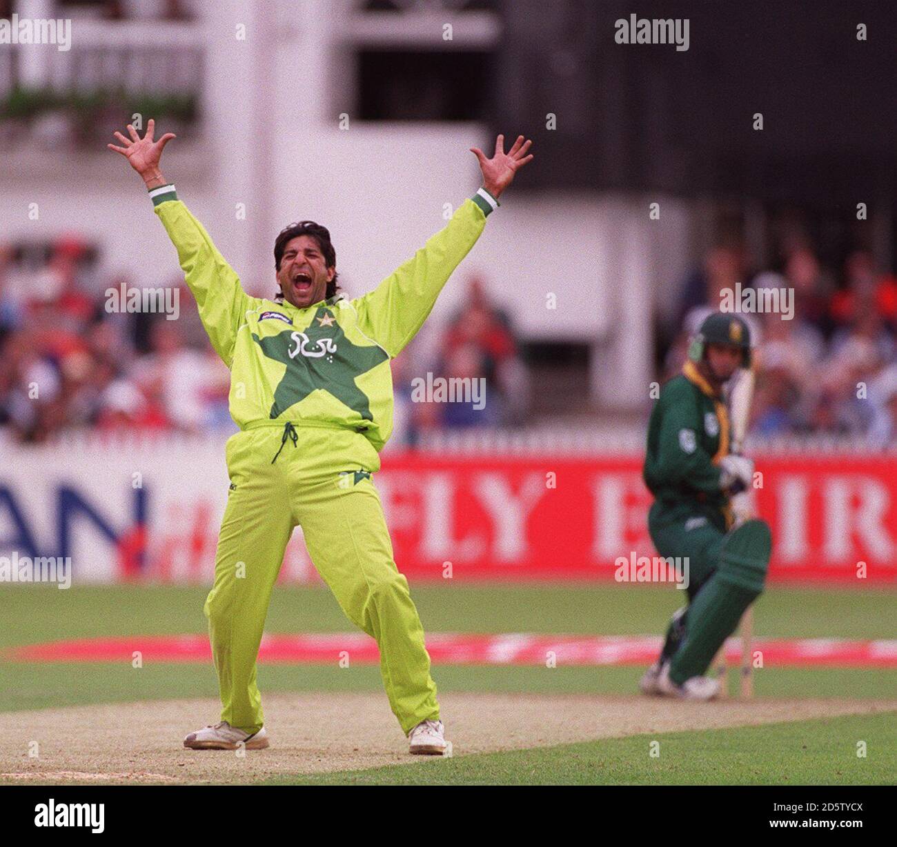 Pakistan's captain Wasim Akram appeals successfully for the wicket of South Africa's Gary Kirsten trapped LBW. Stock Photo