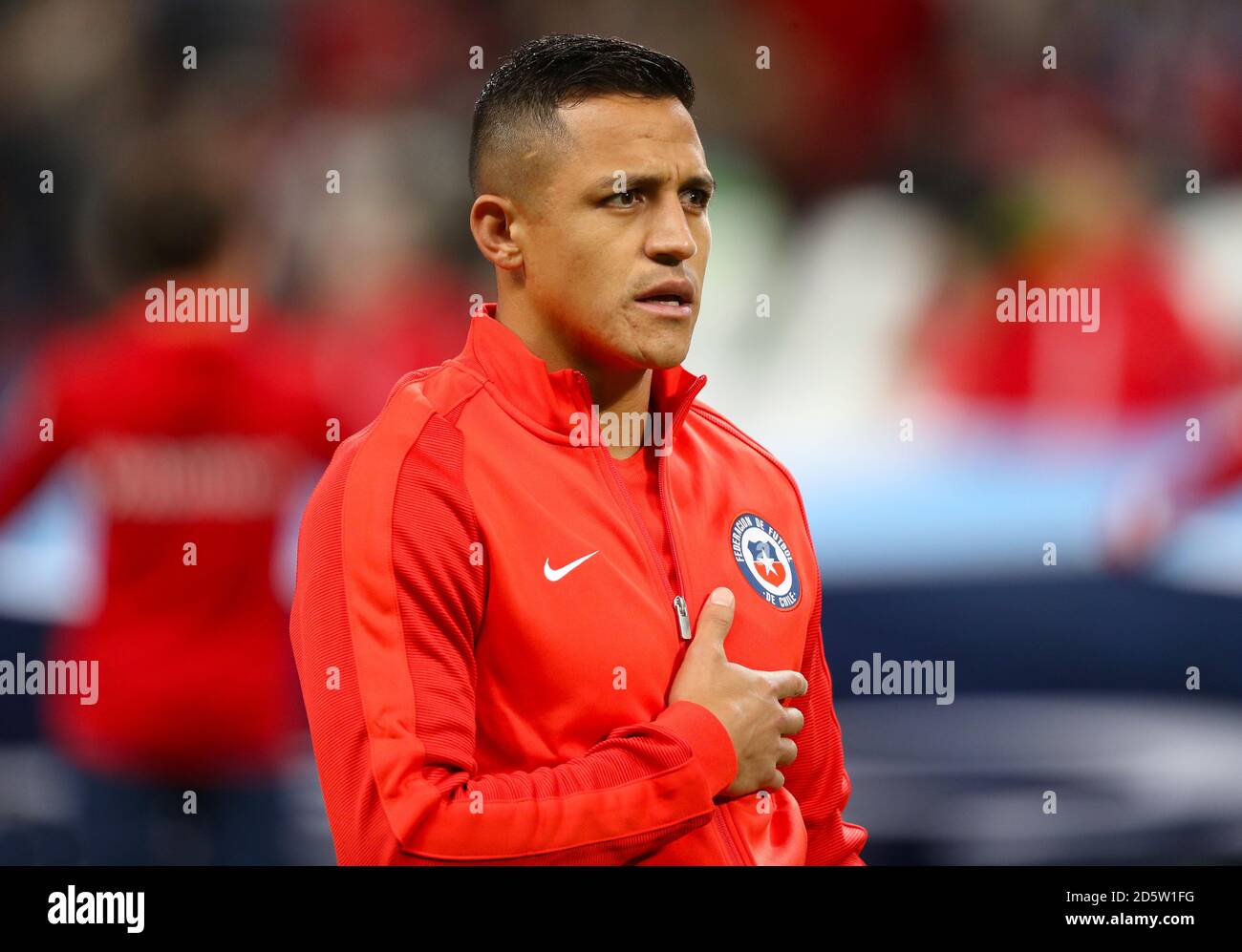 Chile's Alexis Sanchez sings the national anthem  Stock Photo