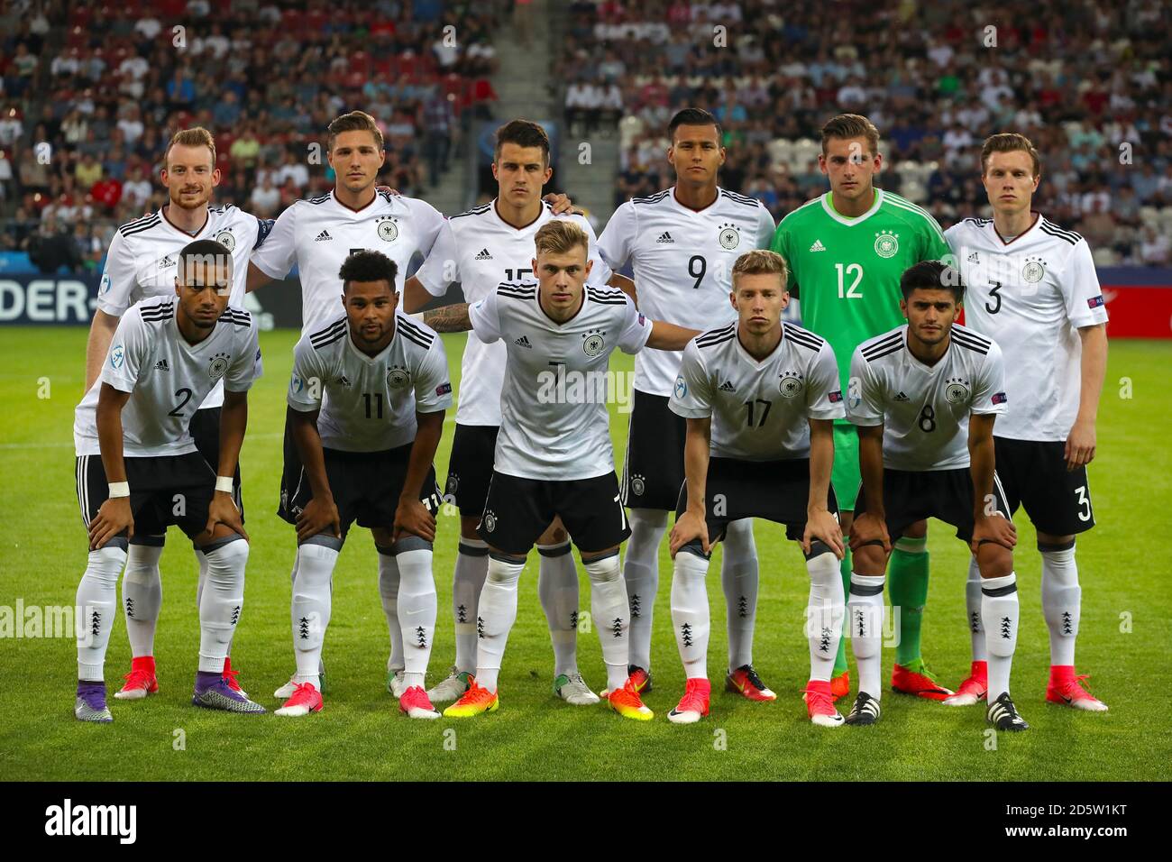 Germany team group shot. Top Row (left to right) Maximilian Arnold, Niklas Stark, Marc-Oliver Kempf, Davie Selke, Julian Pollersbeck and Yannick Gerhardt. Bottom Row (left to right) Jeremy Toljan, Serge Gnabry, Max Meyer, Mitchell Weiser and Mahmoud Dahoud Stock Photo