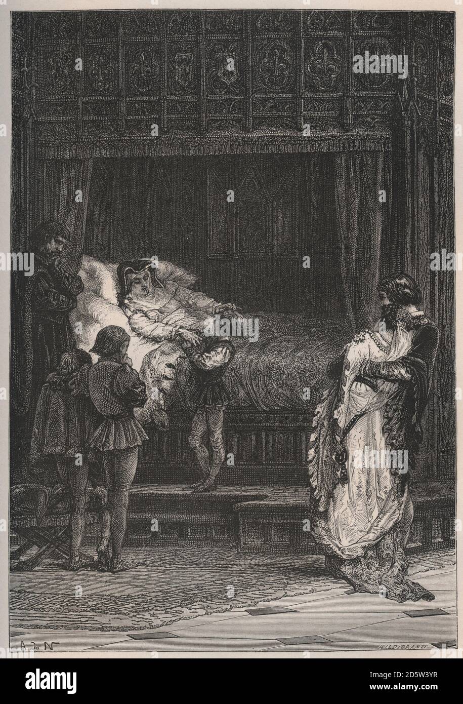 Death of Valentine Visconti (1368-1408) - engraving from 'L'histoire de France racontee a mes petits-enfants' - par  Francois Guizot - 1872-1876 Stock Photo