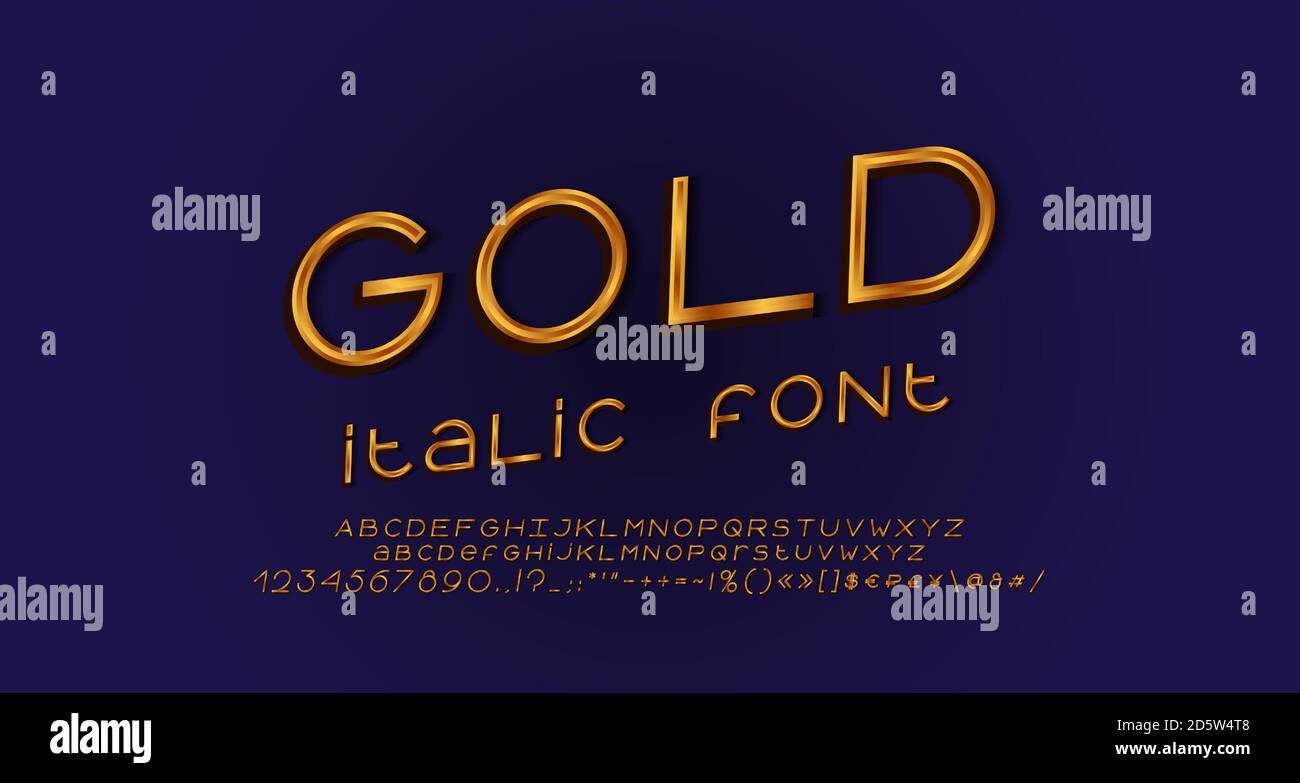 Golden italic alphabet, elegant geometric thin lines font. Uppercase and lowercase letters, numbers, symbols and marks. Vector illustration. Stock Vector