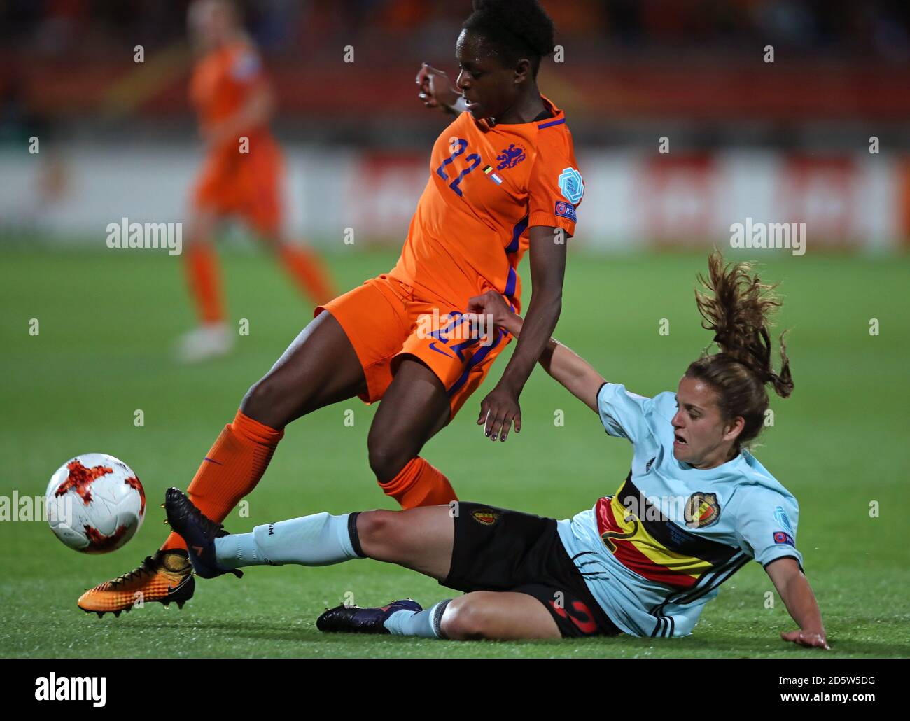 Belgium's Davina Philtjens and Netherlands' Liza van der Mos (left) battle for the ball Stock Photo