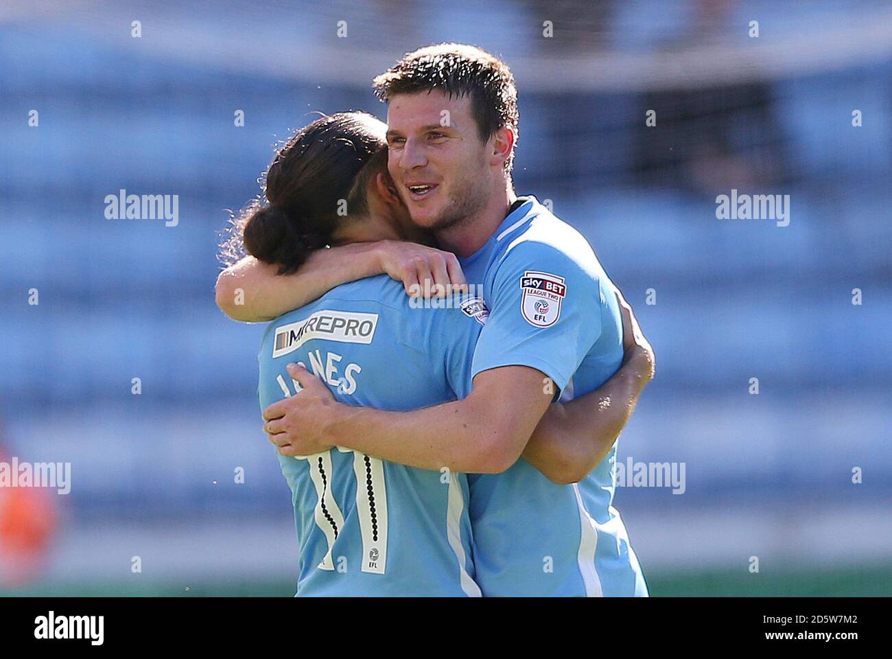 Coventry City's Jodi Jones celebrates at the end of the gamel against Notts County with his team mate Chris Stokes Stock Photo