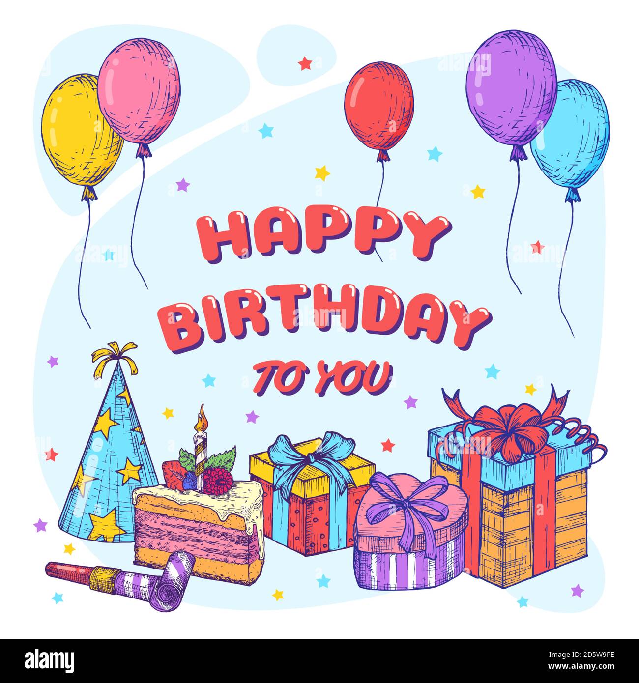 Happy Birthday Greeting Card Template. Hand Drawn Cake, Balloons and Gift Boxes Sketch Illustrations. Holiday Celebration Design Layout. Stock Vector
