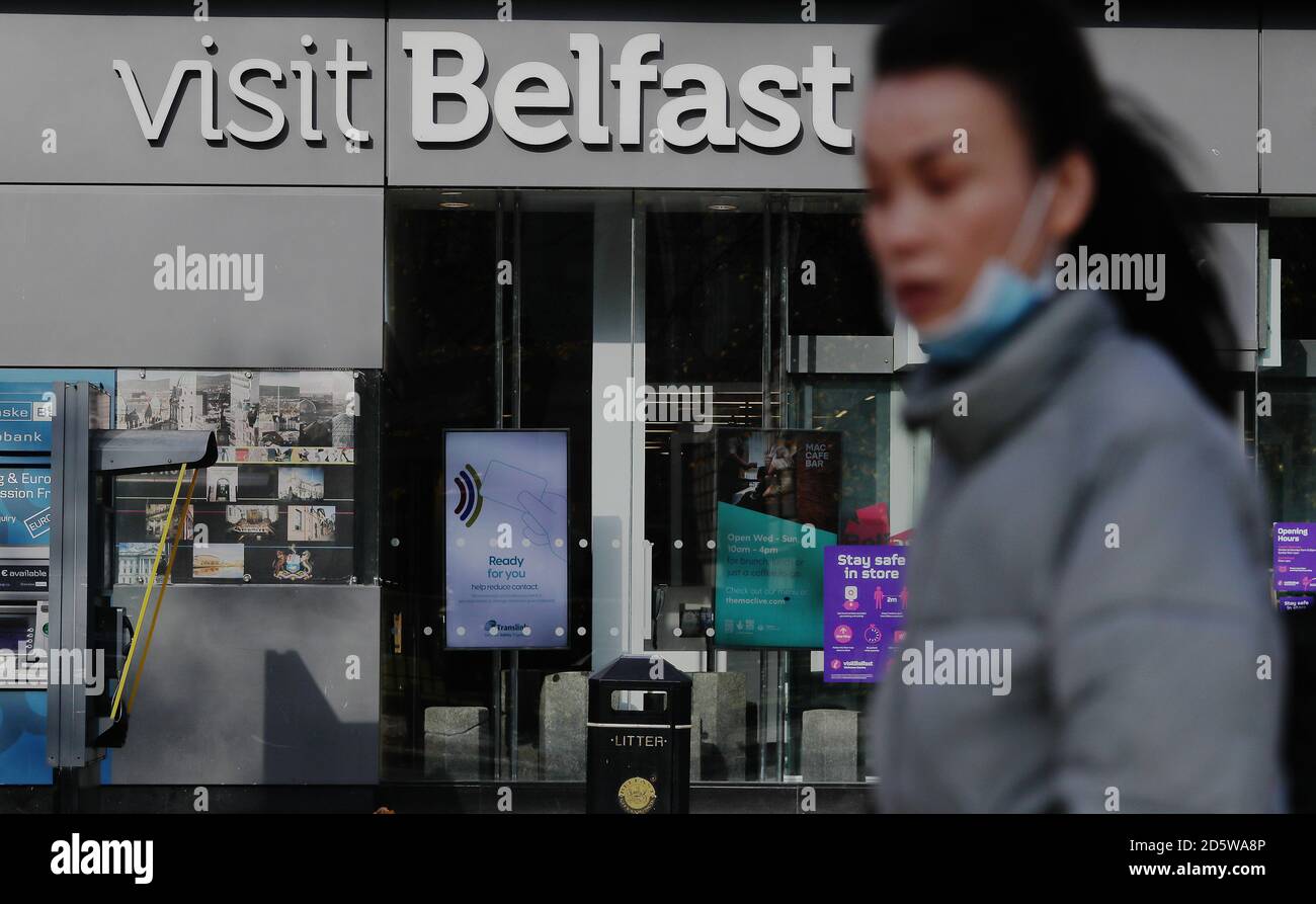 A tourist information office in Belfast city centre, Northern Ireland, after the Stormont executive announced closures of schools, pubs and restaurants as the region enters a period of intensified coronavirus restrictions in response to spiralling infection rates. Stock Photo