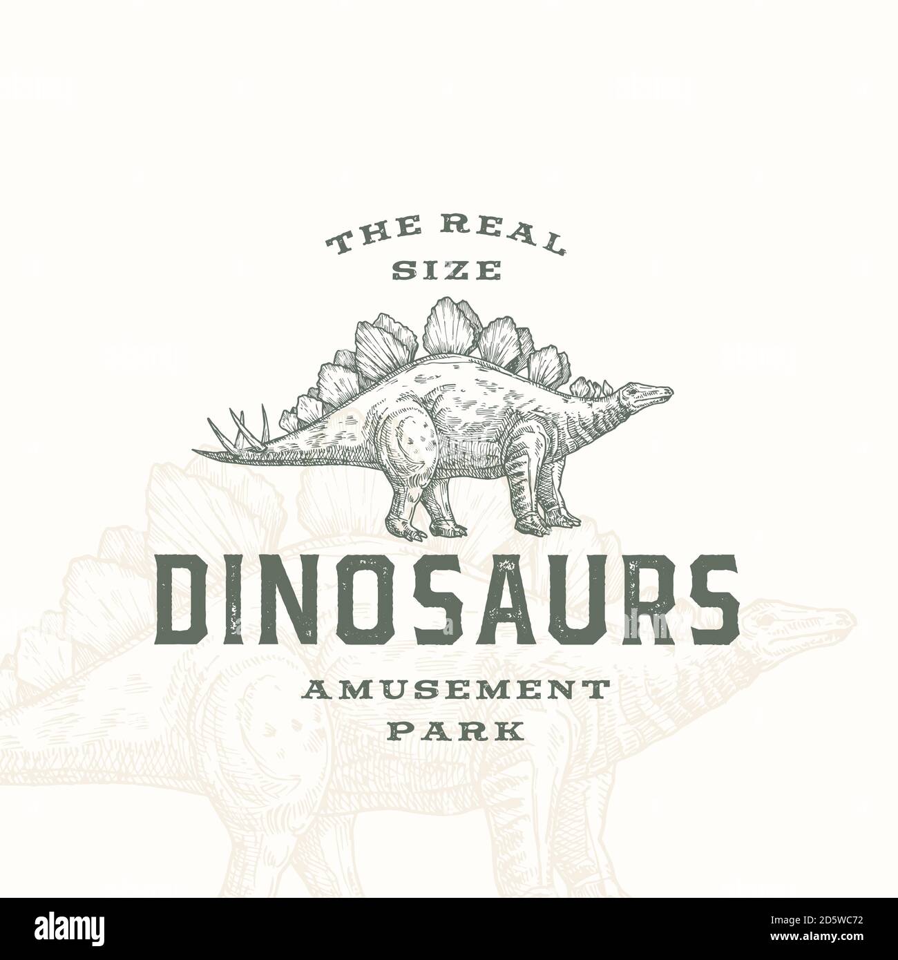 Real Size Dinosaurs Amusement Park Abstract Sign, Symbol or Logo Template. Hand Drawn Stegosaurus Reptile with Premium Typography and Background Stock Vector