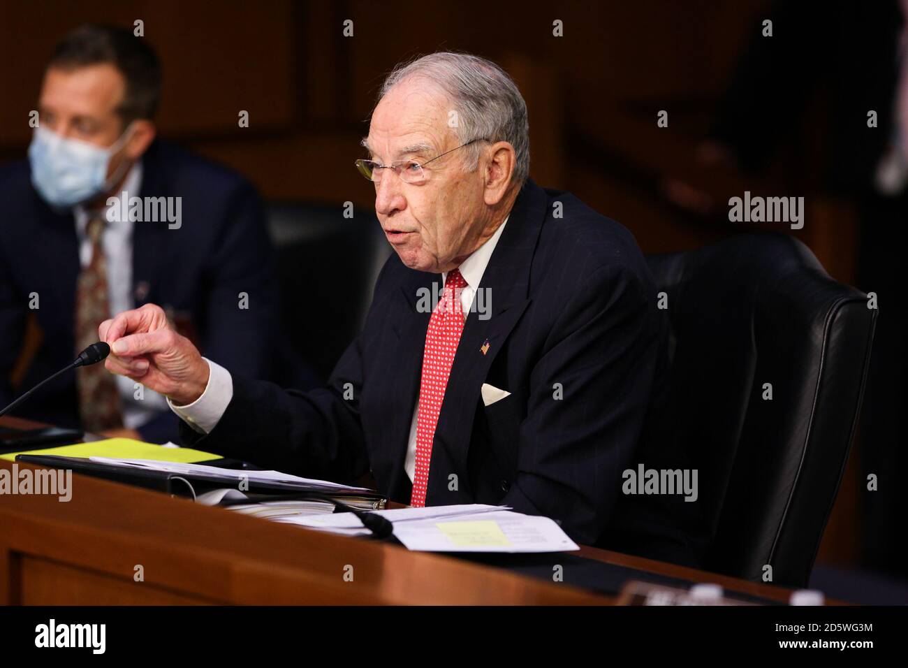Washington, Dc, USA. 14th Oct, 2020. Sen. Chuck Grassley (R-Iowa) questions President Donald Trump's Supreme Court nominee Judge Amy Coney Barrett during the third day of her Senate Judiciary Committee confirmation hearing Wednesday, October 14, 2020. (Photo by Bonnie Cash/Pool/Sipa USA) Credit: Sipa USA/Alamy Live News Stock Photo