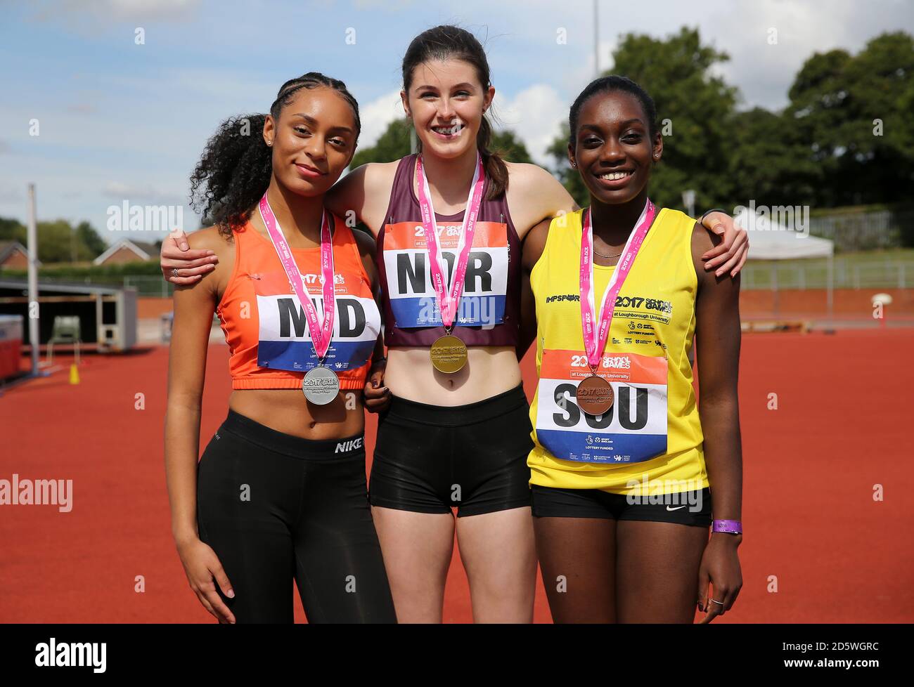 England Midland's Cassie-Ann Pemberton(silver), England North's Amy Hunt (gold) and England South's Joy Ogunleye (bronze) with their medals after the Girls 100m  in the Athletics during day two of the 2017 School Games Stock Photo