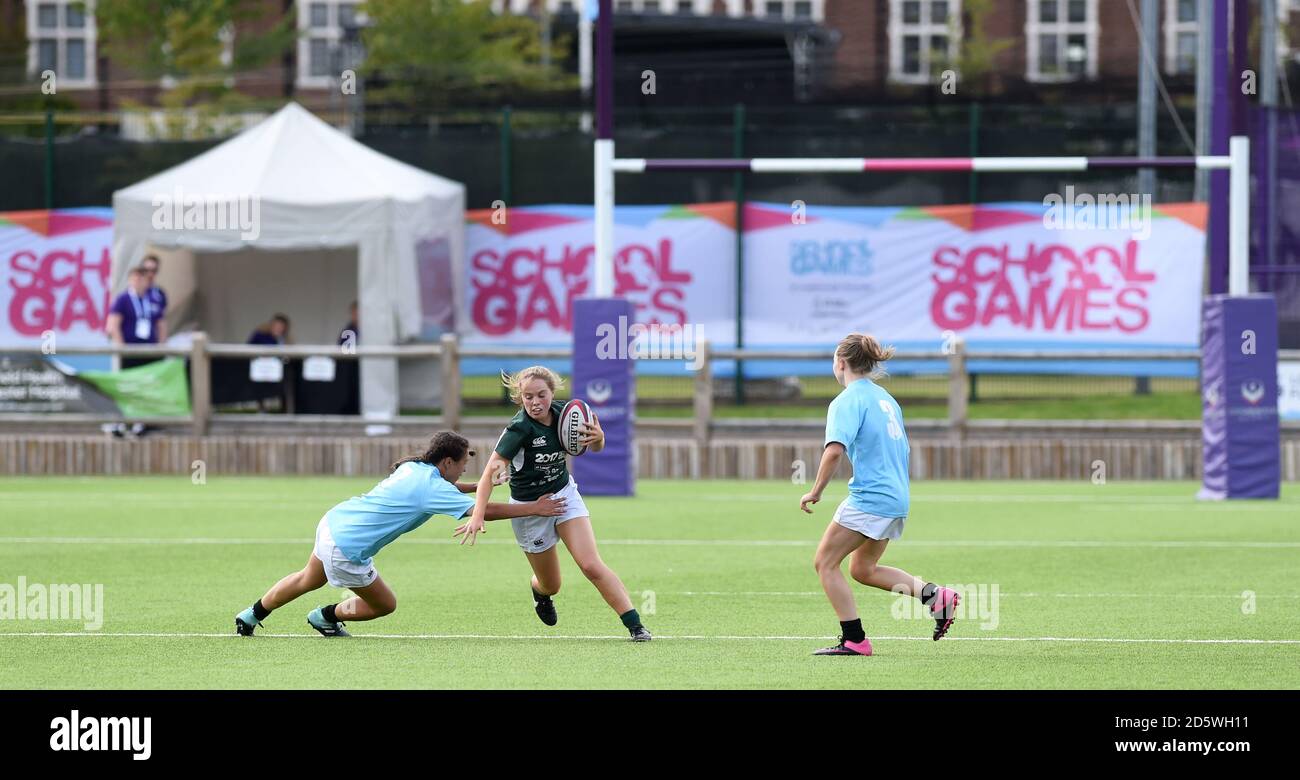 Ireland Combines Provinces' Ellie Ingram and South England's Zoe Warrington during the Rugby 7's Competition during the 2017 School Games Stock Photo