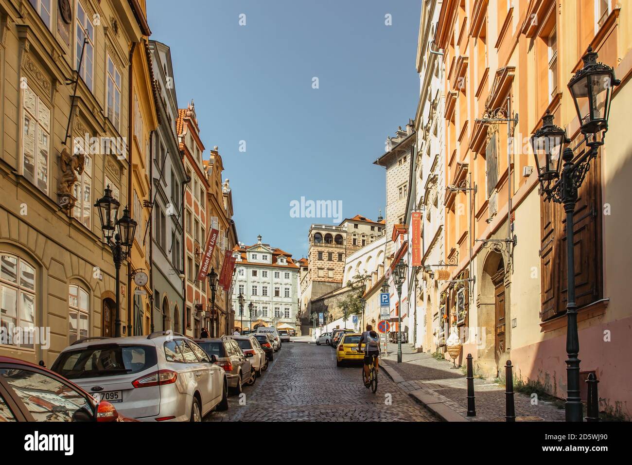 Prague, Czech Republic - September 16, 2020. Empty colorful streets of Czech capital. No tourists during COVID 19 quarantine. Historical center withou Stock Photo