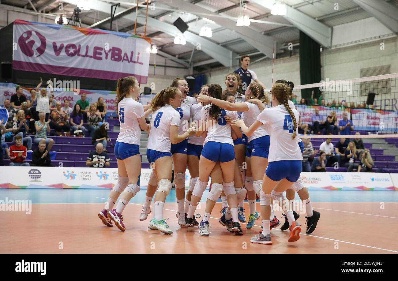 Scotland East's girls celebrate winning against Scotland West's girls