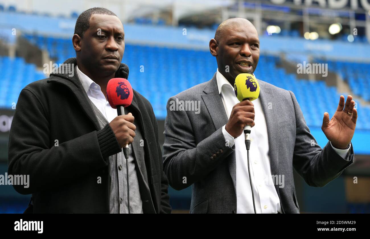 Shaun Goater (right) and Emile Heskey speak for pre match TV coverage ahead of Manchester City against Liverpool Stock Photo