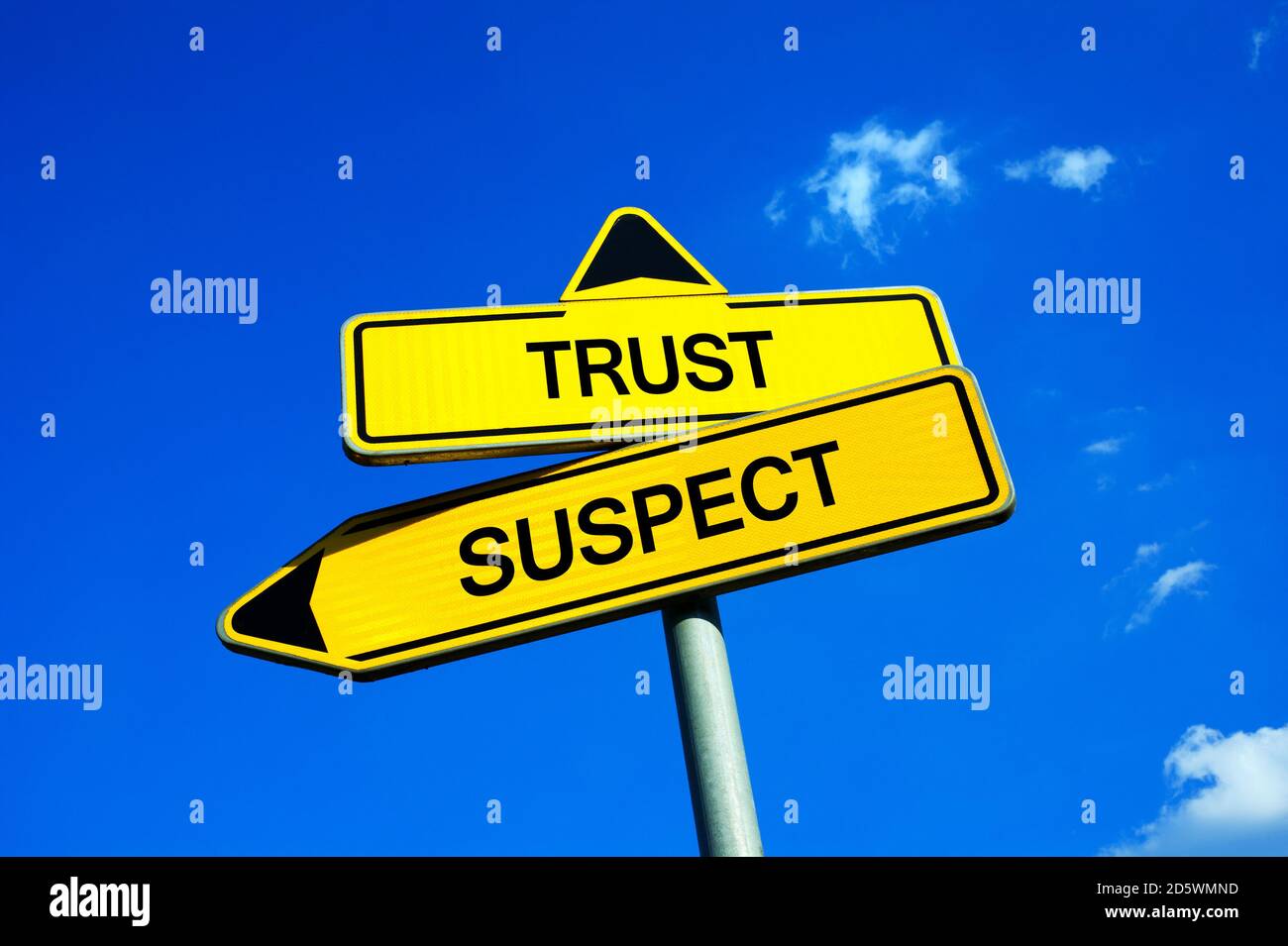 Trust vs Suspect - Traffic sign with two options - being trustful and confiding or suspicious and distrustful. Doubt as prevention against betrayal an Stock Photo