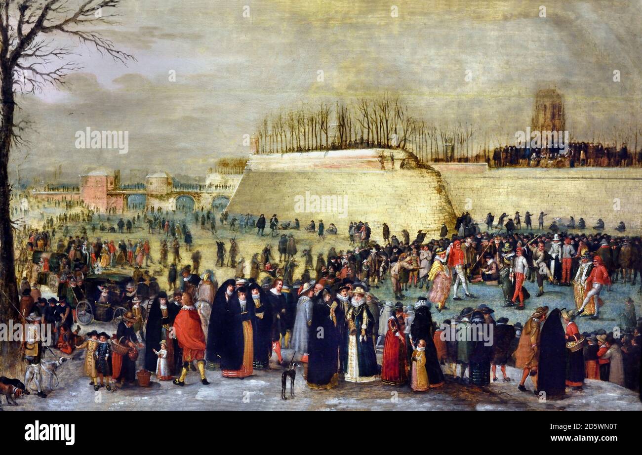 Winter masquerade with skaters 1615  by Denis - Denijs  van Alsloot 1570 1626 Belgian Belgium Flemish Stock Photo