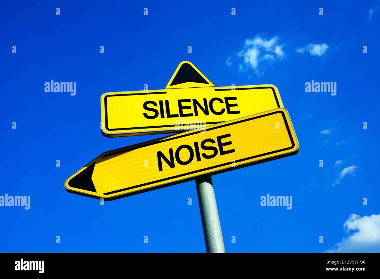 Silence vs Noise - Traffic sign with two options - quiet and calm environment vs noisy and loud surrounding. Decibels and excessive volume of sound an Stock Photo