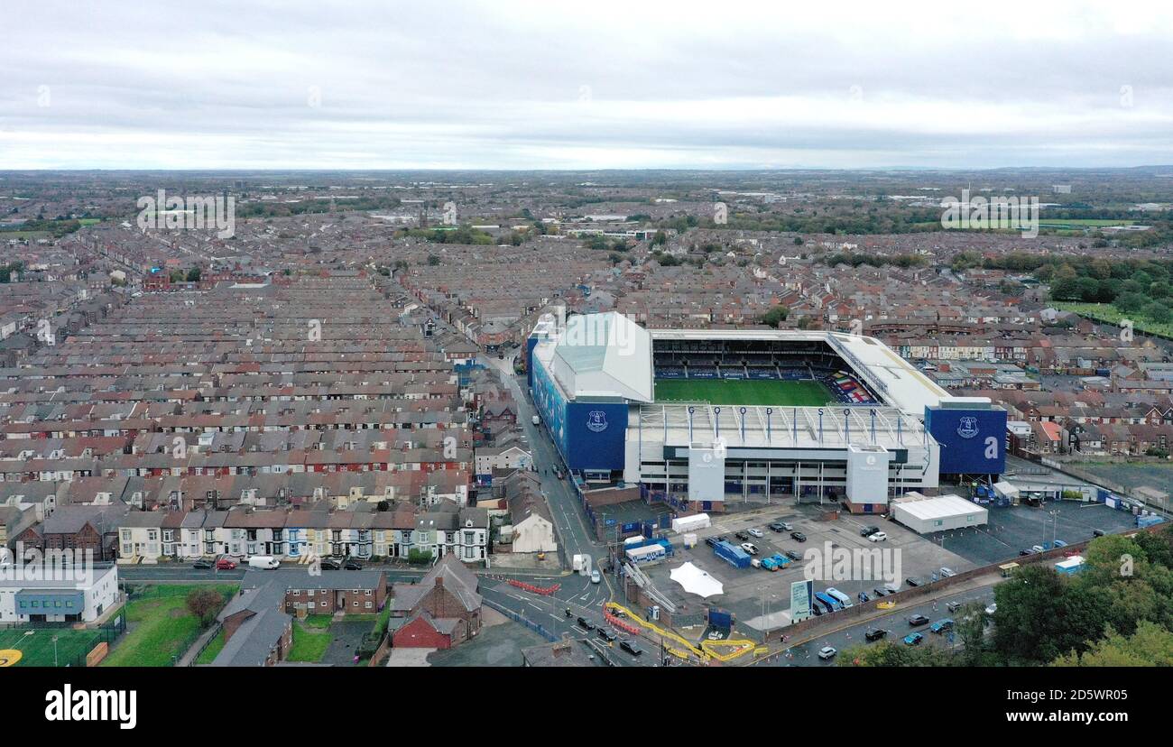A general view of Goodison Park and surrounding area taken by drone from Stanley Park. Stock Photo