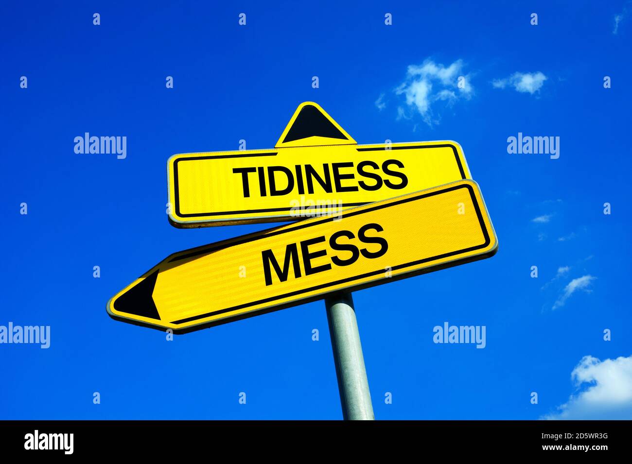 Tidiness or Mess - Traffic sign with two options - cleaning and care about cleanness and neatness or disorder, untidiness and disarray Stock Photo